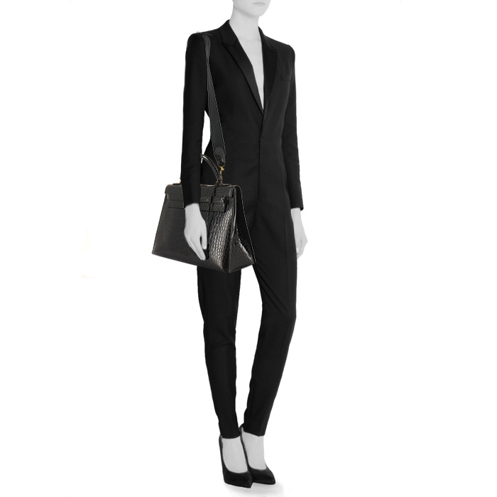 Bolso de mano Hermes Kelly 32 cm en aligátor negro - Detail D2