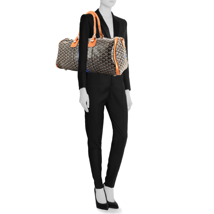 Goyard travel bag in monogram canvas and brown leather - Detail D1