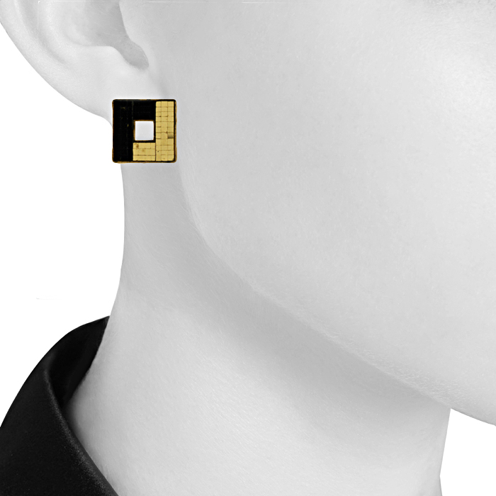 Pendientes con clip Rene Boivin Irradiant en metal dorado y mosaíco de espejos negro y dorado - Detail D1