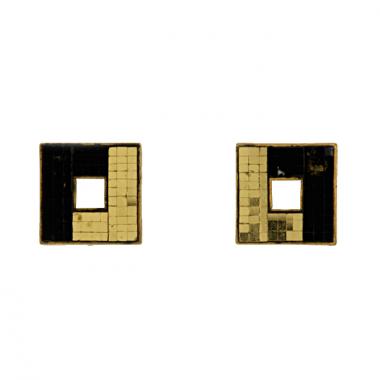 Paire de clips d'oreilles Rene Boivin Irradiant en métal doré et mosaïque de miroirs noire et dorée