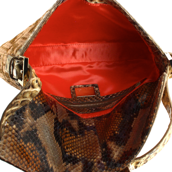 Sac à main Fendi Baguette en osier tressé beige et python marron - Detail D2