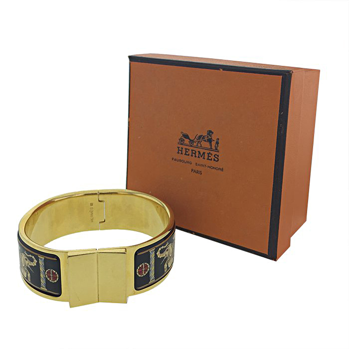 Bracelet rigide ouvrant Hermes Loquet en plaqué or et émail multicolore