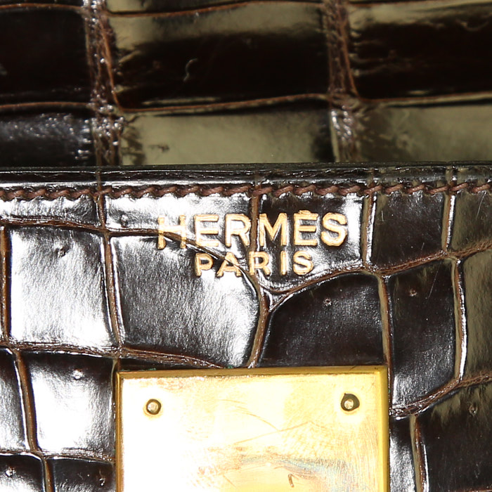 Hermes Kelly 32 cm handbag in chocolate brown porosus crocodile - Detail D4