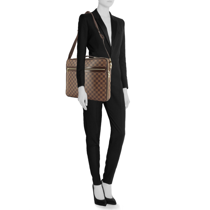 Louis Vuitton Sabana briefcase in ebene damier canvas and brown leather - Detail D1