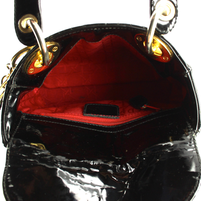Dior Lady Dior mini handbag in black monogram patent leather - Detail D2