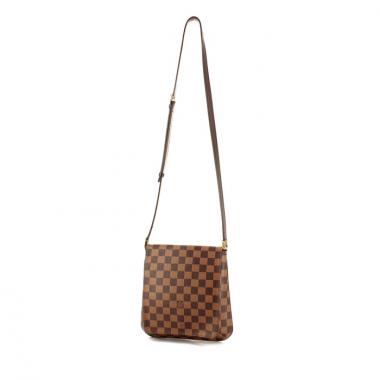 Borsa Musette in tela a scacchi e pelle marrone