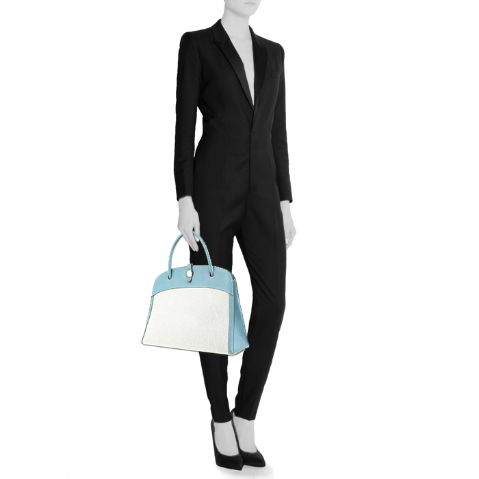 Bolso de mano Hermes Dalvy en cuero azul claro y lona blanquecina - Detail D1