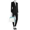 Hermes Dalvy handbag in light blue leather and off-white canvas - Detail D1 thumbnail