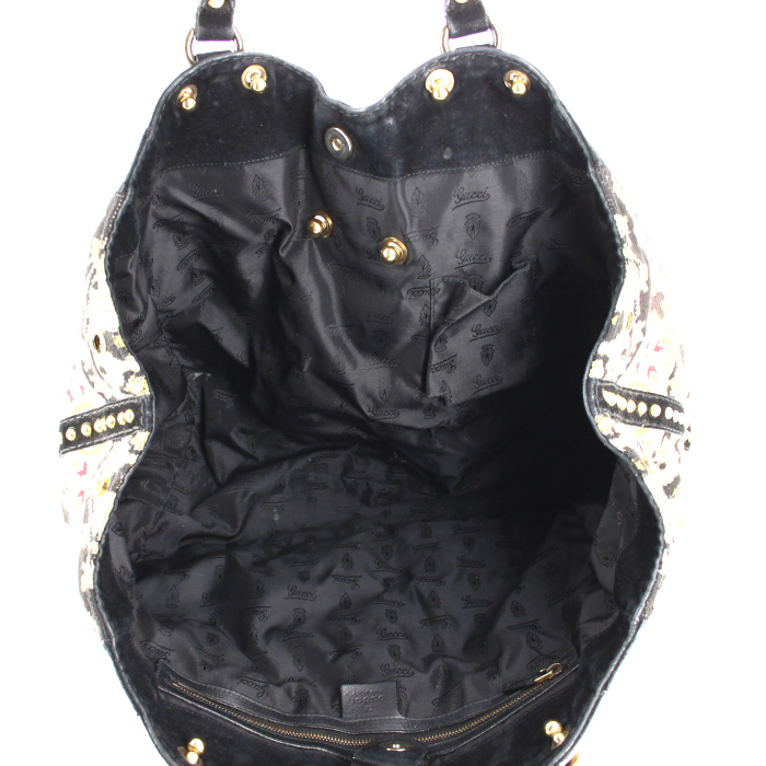 Gucci shopping bag in black and beige canvas and black suede - Detail D2