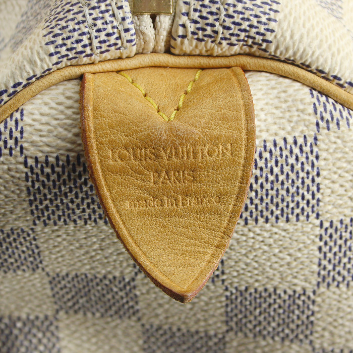 Bolso de mano Louis Vuitton Speedy 25 cm en lona a cuadros revestida blanca y azul celeste y cuero natural - Detail D3