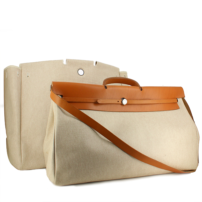 Hermes Herbag travel bag in beige canvas and gold leather - Detail D5