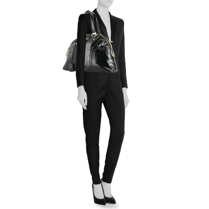 Yves Saint Laurent Muse medium size handbag in black patent leather - Detail D1