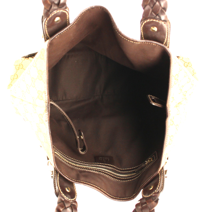 Gucci handbag in beige monogram canvas and brown leather - Detail D2