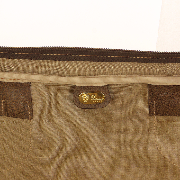Sac de voyage Gucci en toile monogram beige et cuir marron - Detail D5