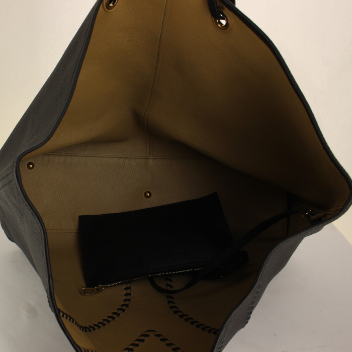 Shopping bag in pelle martellata nera e beige - Detail D2