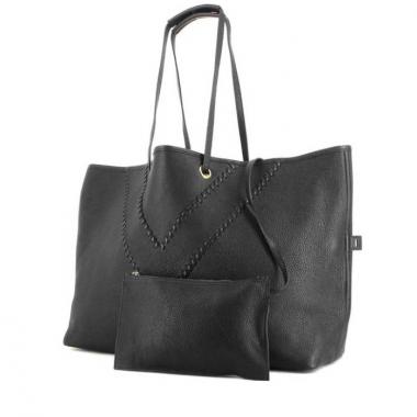 Shopping bag in pelle martellata nera e beige