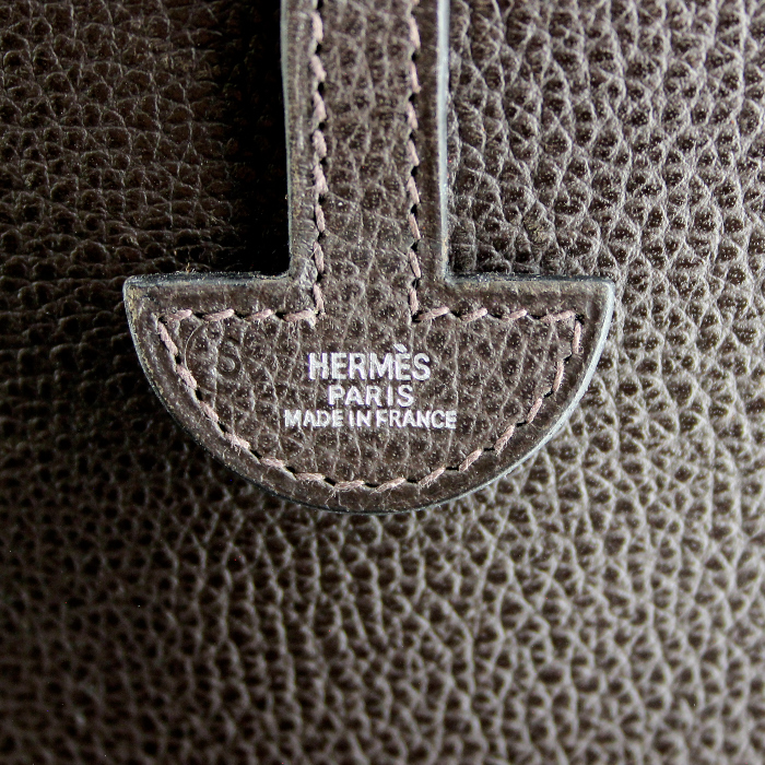 Bolso de mano Hermes Colorado en cuero granulado marrón y lona marrón - Detail D3
