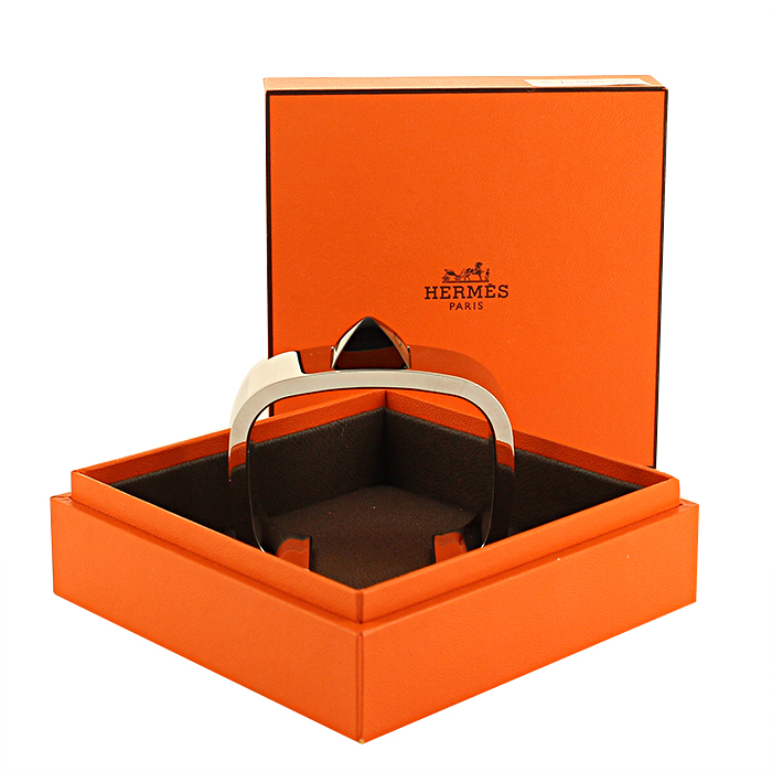 Bracelet rigide ouvert Hermes Circé moyen modèle en palladium et Cristal Saint Louis flanelle