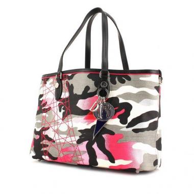 Anselme Reyle Shopping bag in tela nera rosa bianca e grigia con decori geometrici e pelle nera