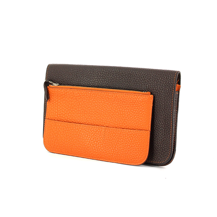 Portefeuille Hermes Dogon - Pocket Hand en cuir togo marron et cuir orange - Detail D2