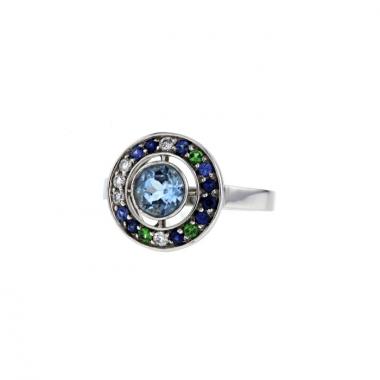 Anello Boucheron Ava in oro bianco,  diamanti e zaffiri e acquamarina
