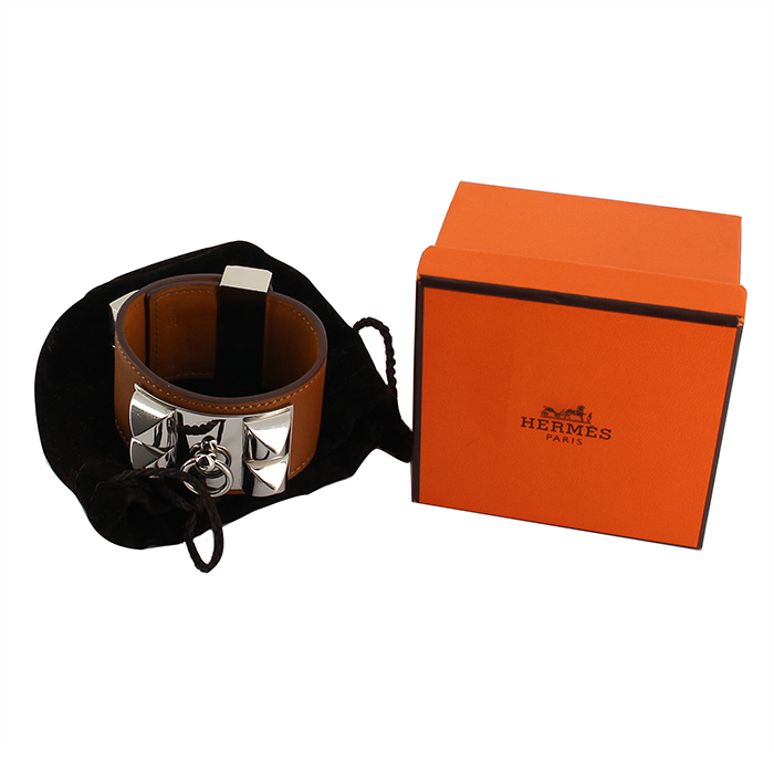 Hermes Médor cuff bracelet in palladium and leather