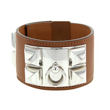 Hermes Médor cuff bracelet in palladium and leather
