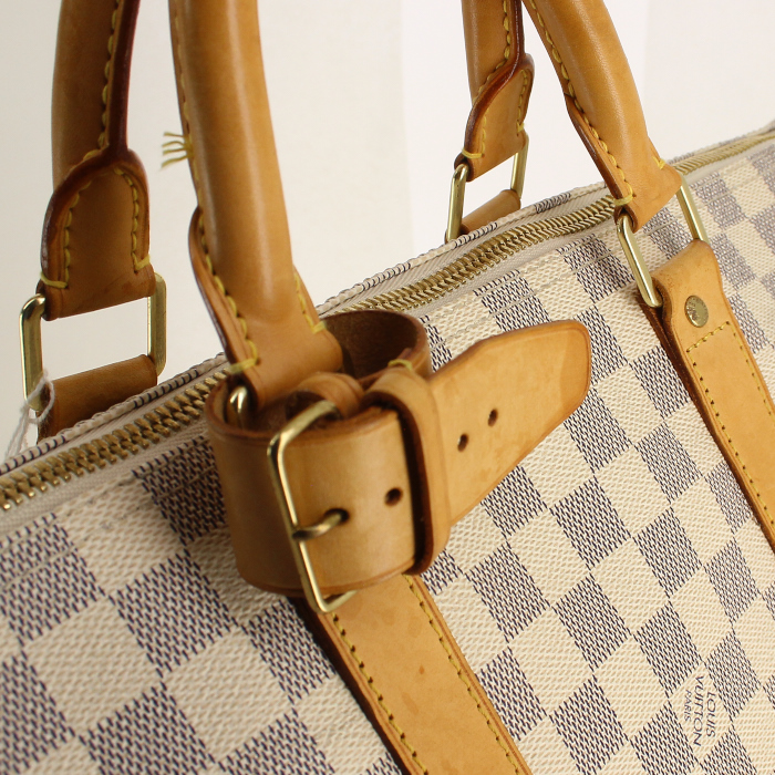 Louis Vuitton Keepall 50 cm travel bag in azur damier canvas and natural leather - Detail D5