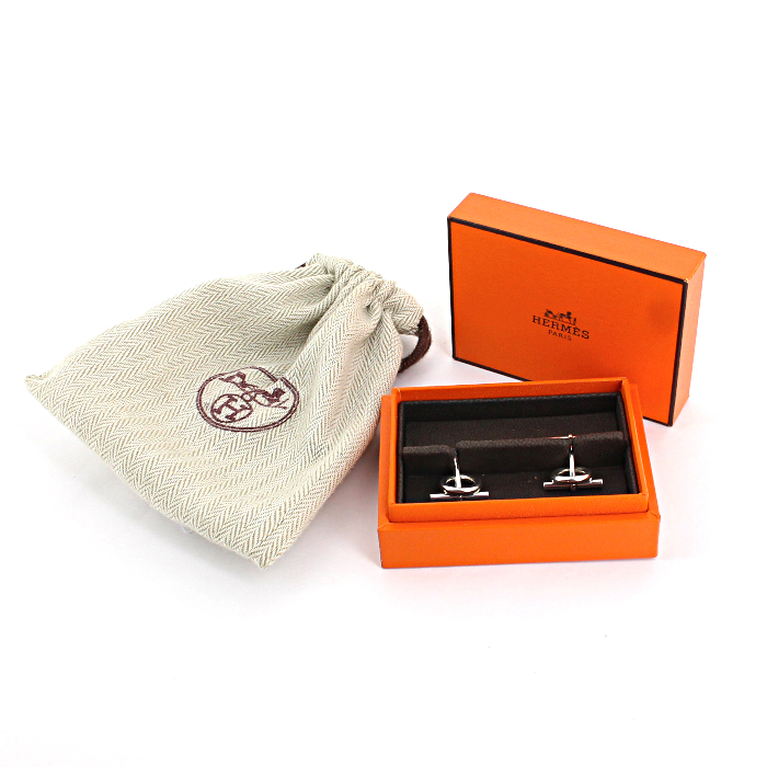 Paire de boutons de manchette Hermes Mini Chaine d'Ancre en argent - Detail D2