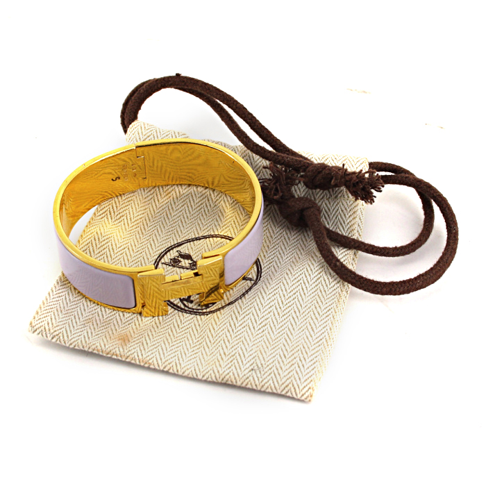 Bracciale rigido apribile Hermes Clic Clac modello medio in oro placcato e smalto malva - Detail D2