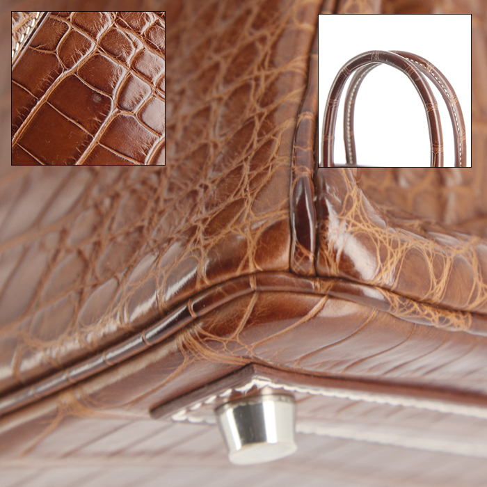 Bolso de mano Hermes Birkin 25 cm en aligátor rojizo - Detail D5