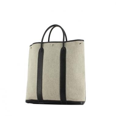 Sac à main Hermes Garden en toile blanche et noire et cuir noir