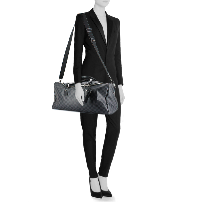 Bolsa de viaje Louis Vuitton en cuero negro y lona a cuadros revestida - Detail D2