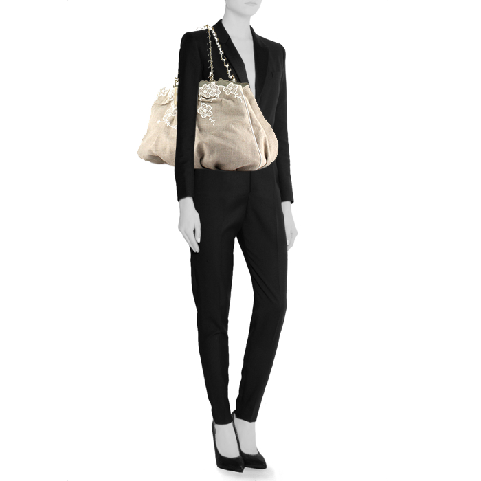 Sac à main Fendi en toile de lin beige et cuir blanc - Detail D1