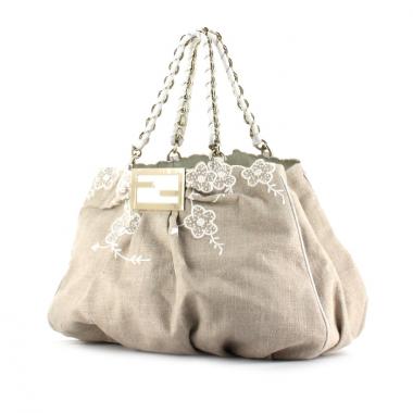 Sac à main Fendi en toile de lin beige et cuir blanc