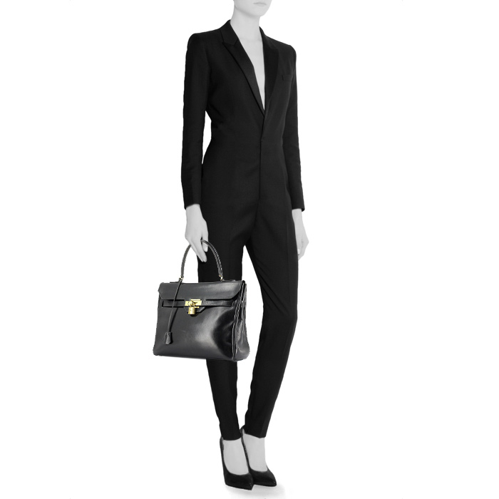 Sac à main Hermes Monaco en cuir box noir - Detail D1