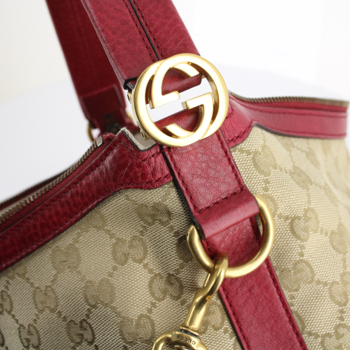 Bolso de mano Gucci en lona Monogram beige y cuero rojo - Detail D5