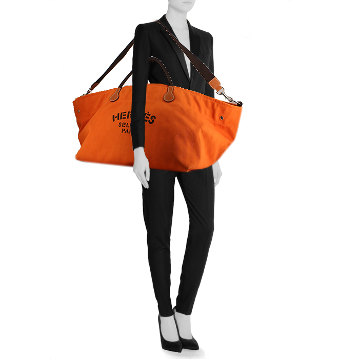 Sac cabas Hermes Sellier en toile orange et marron - Detail D2