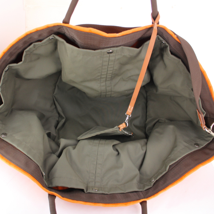 Sac cabas Hermes Sellier en toile orange et marron - Detail D3