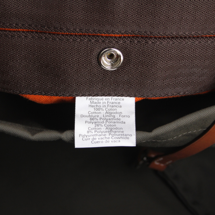 Sac cabas Hermes Sellier en toile orange et marron - Detail D5