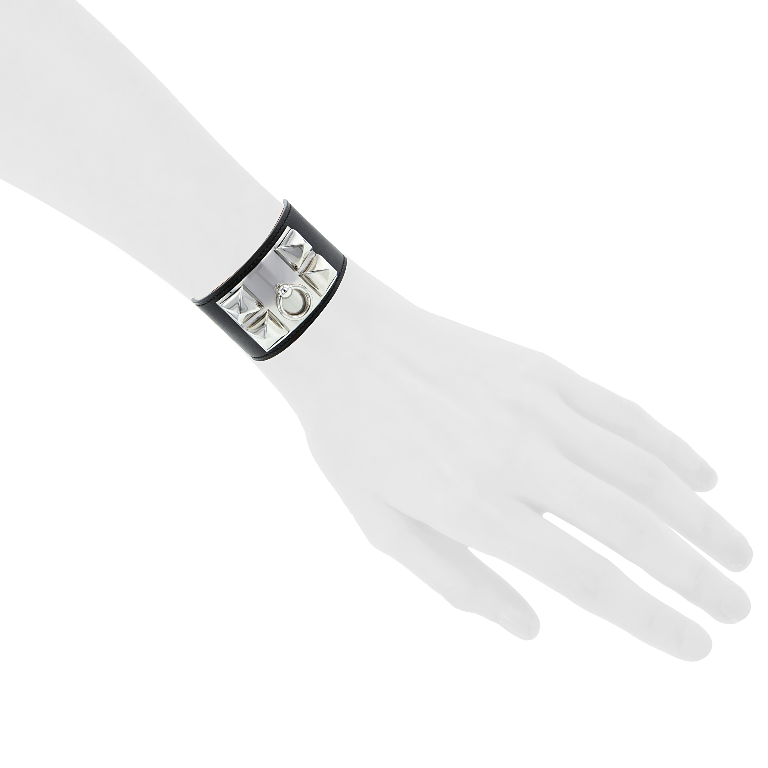 Hermes Médor cuff bracelet in palladium and leather - Detail D1