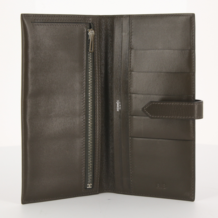 Portefeuille Hermes Béarn en cuir box vert-kaki - Detail D2