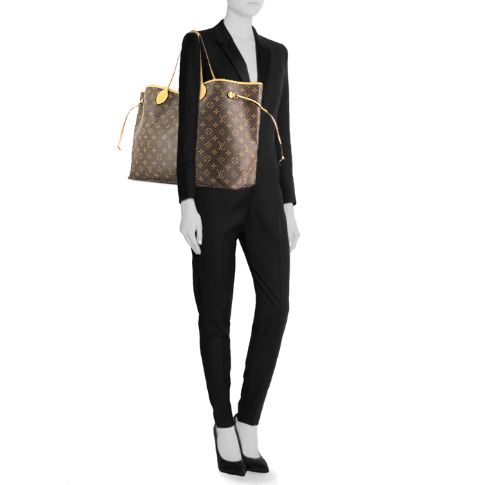 Sac cabas Louis Vuitton Neverfull grand modèle en toile monogram et cuir naturel - Detail D1