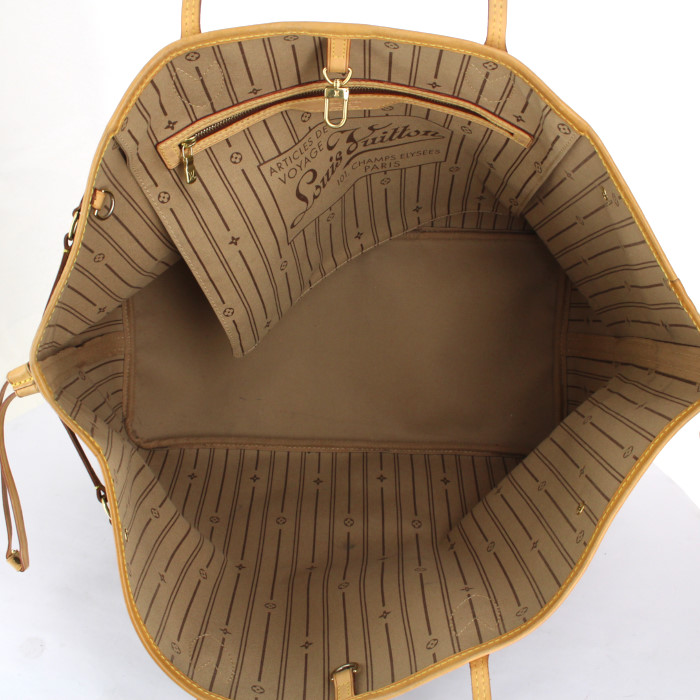 Sac cabas Louis Vuitton Neverfull grand modèle en toile monogram et cuir naturel - Detail D2