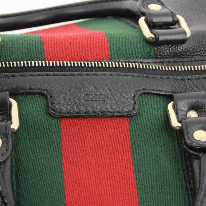 Sac à main Gucci en toile verte et rouge et cuir noir - Detail D3