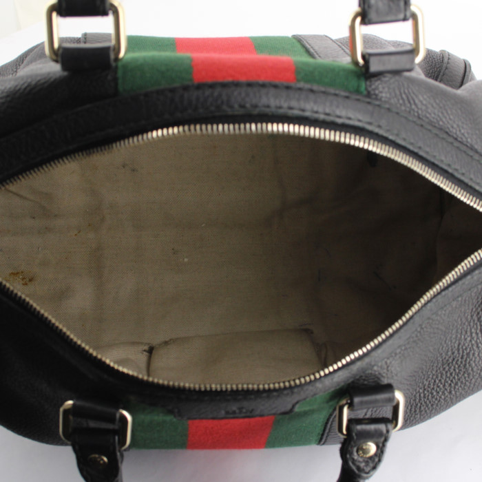 Sac à main Gucci en toile verte et rouge et cuir noir - Detail D4