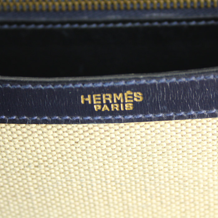 Borsa Hermes Constance in pelle box blu marino e tela beige - Detail D4