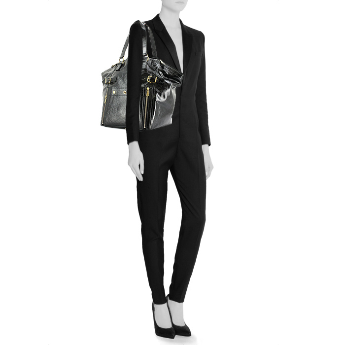 Bolso de mano Saint Laurent Downtown modelo pequeño en charol negro - Detail D1