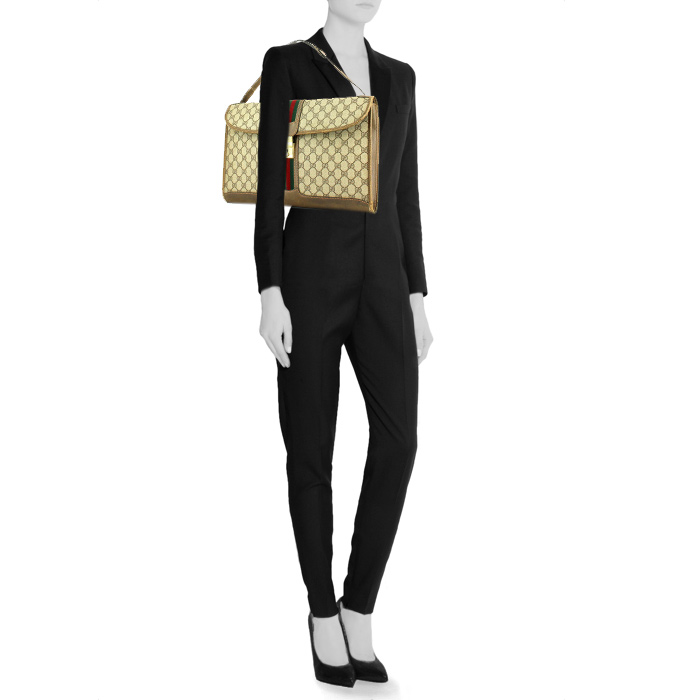 Porte-documents Gucci en toile monogram beige et cuir marron - Detail D1