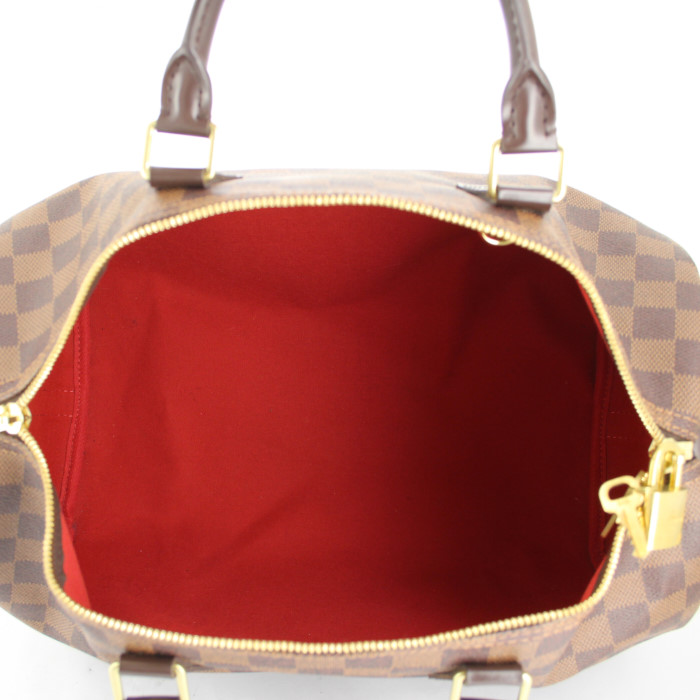 Sac à main Louis Vuitton Speedy 35 en toile damier et cuir marron - Detail D3